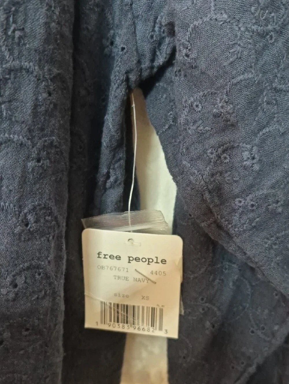 NWT Free People Navy‎ Blue Eyelet Button Up Blouse Boho Oversized XS Flaw